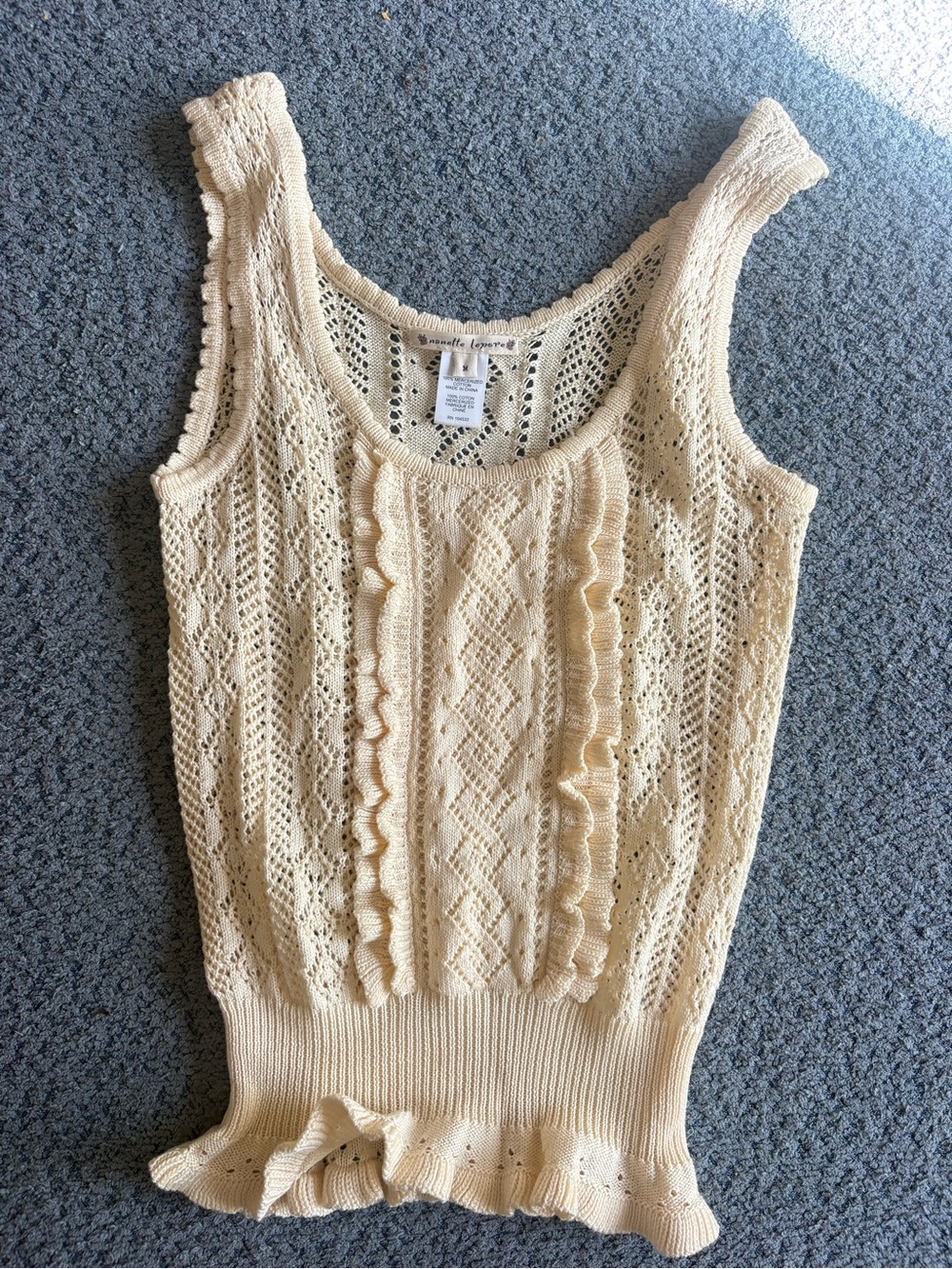 Nanette Lepore Cream Crochet Ruffle-Front Knit Tank
